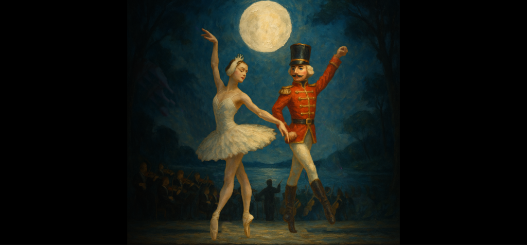 Ein gemaltes Bild, in dem ein Soldat und eine Ballerina unter Mondlicht Tanzen