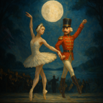 Ein gemaltes Bild, in dem ein Soldat und eine Ballerina unter Mondlicht Tanzen