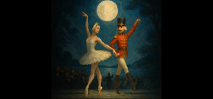 Ein gemaltes Bild, in dem ein Soldat und eine Ballerina unter Mondlicht Tanzen