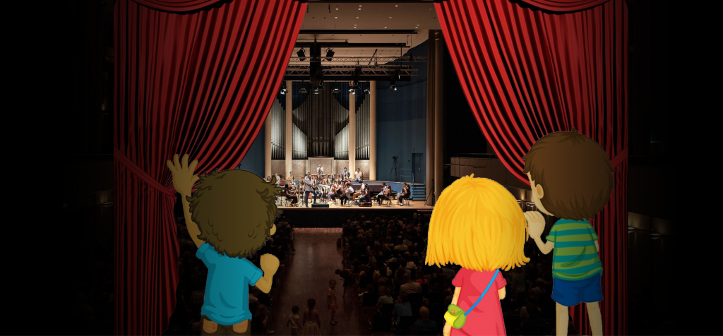 Kinder die einen Vorhang zur Seite schieben und zum Vorschein tritt ein Orchester