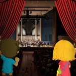 Kinder die einen Vorhang zur Seite schieben und zum Vorschein tritt ein Orchester