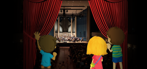 Kinder die einen Vorhang zur Seite schieben und zum Vorschein tritt ein Orchester