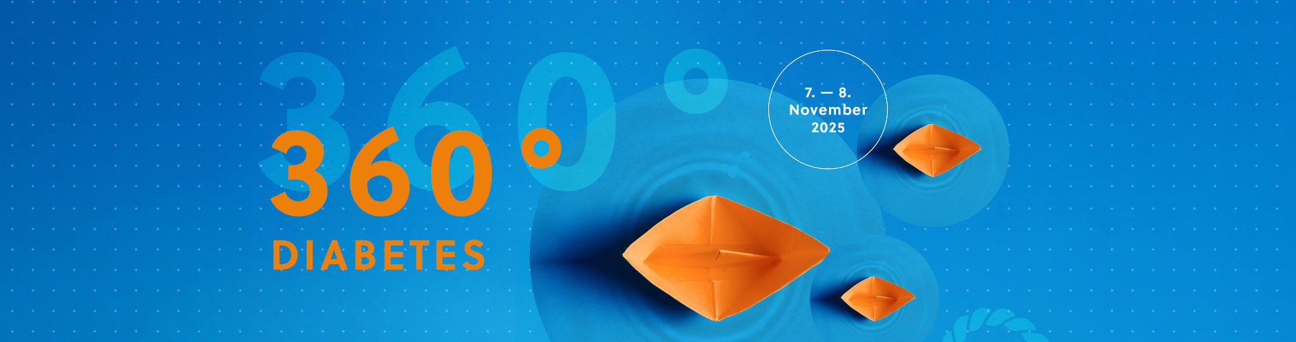 360 Grad diabetes, blauer hintergund, orangene Papierschiffe