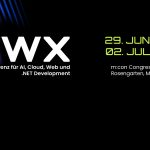 Banner zur DWX‑Konferenz. Schriftzug ‚DWX – Die Konferenz für AI, Cloud, Web und .NET Development‘ auf dunklem Hintergrund mit farbigen Lichtakzenten. Veranstaltungszeitraum 29. Juni bis 2. Juli 2026. Veranstaltungsort: m:con Congress Center Rosengarten, Mannheim.